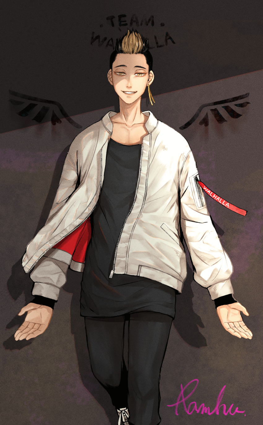 1boy artist_name black_hair black_pants black_shirt blonde_hair collarbone commentary_request drawn_wings earrings grey_background grin hanma_shuuji highres jacket jewelry long_sleeves looking_at_viewer male_focus multicolored_hair open_clothes open_jacket pants ramfu red_ribbon ribbon shadow shirt short_hair signature simple_background single_earring sleeves_past_wrists smile solo spiked_hair teeth tokyo_revengers two-tone_hair undercut walking white_jacket yellow_eyes zipper zipper_pull_tab
