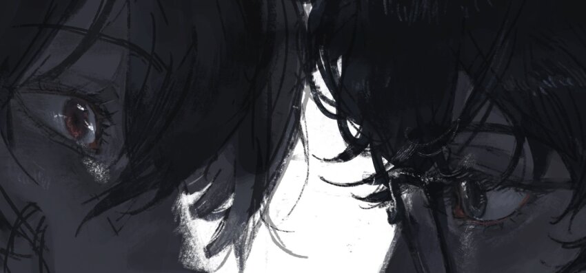 2boys akechi_gorou amamiya_ren chinese_commentary close-up commentary_request eye_focus eyelashes from_side glasses grey_eyes male_focus messy_hair multiple_boys parted_bangs persona persona_5 profile rectangular_eyewear red_eyes spot_color white_background xchung10