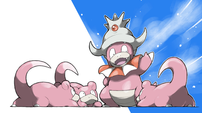 arm_behind_back blacknirrow blue_background closed_mouth creatures_(company) evolutionary_line fangs game_freak gen_1_pokemon gen_2_pokemon highres nintendo no_humans open_mouth outline pokemon pokemon_(creature) pokemon_focus simple_background slowking slowpoke smile snowing standing two-tone_background white_background white_outline
