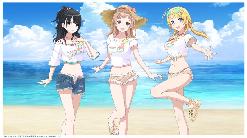 3girls ahoge beach bikini black_hair blonde_hair blue_eyes blue_sky brown_eyes brown_hair cloud commentary_request denim denim_shorts eyewear_on_head hachimiya_meguru hat highres idolmaster idolmaster_shiny_colors idolmaster_shiny_colors_song_for_prism illumination_stars_(idolmaster) kazano_hiori long_hair looking_at_viewer low_twintails mole mole_under_mouth multiple_girls navel ocean off-shoulder_shirt off_shoulder official_art open_mouth sakuragi_mano sandals shirt shorts sky stomach straw_hat swimsuit t-shirt twintails white_shirt