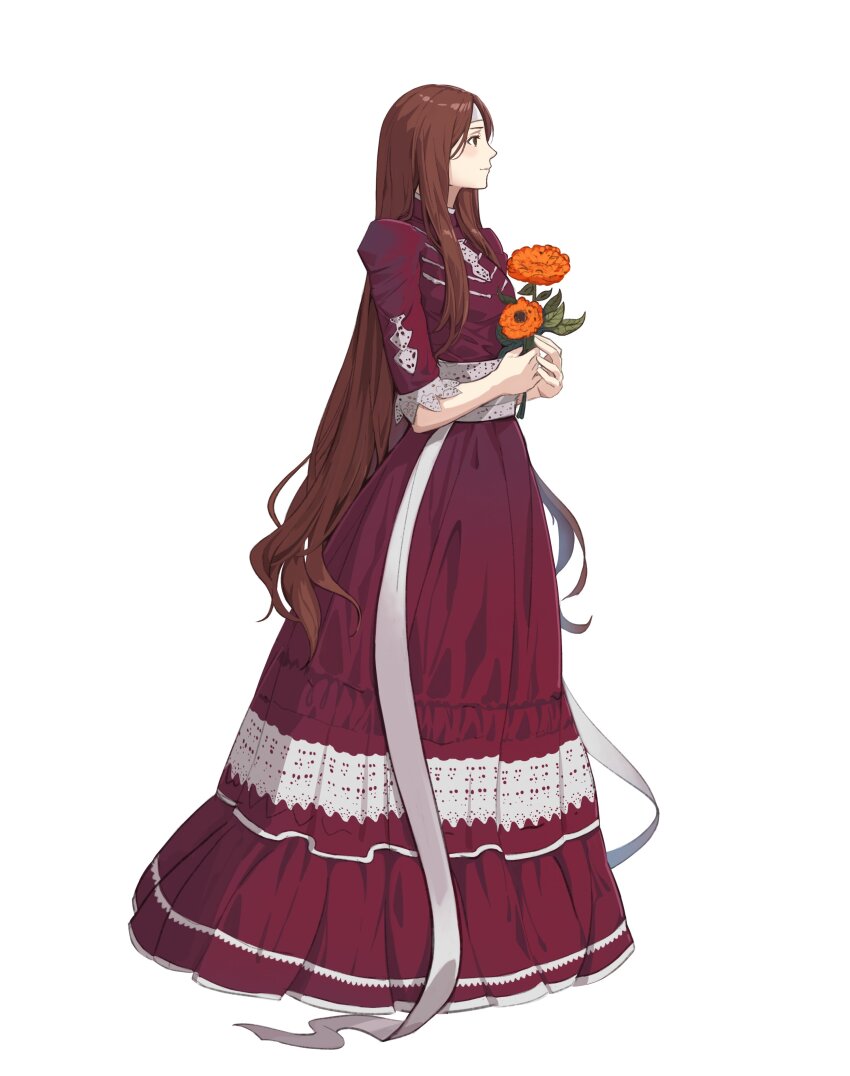 1girl absurdres altena_(fire_emblem) alternate_costume brown_eyes brown_hair closed_mouth commentary commission dress english_commentary fire_emblem fire_emblem:_genealogy_of_the_holy_war flower full_body headband highres holding holding_flower long_hair mexican_dress mixed-language_commentary nintendo orange_flower profile purple_dress seraikuni simple_background smile solo spanish_commentary very_long_hair white_background white_headband