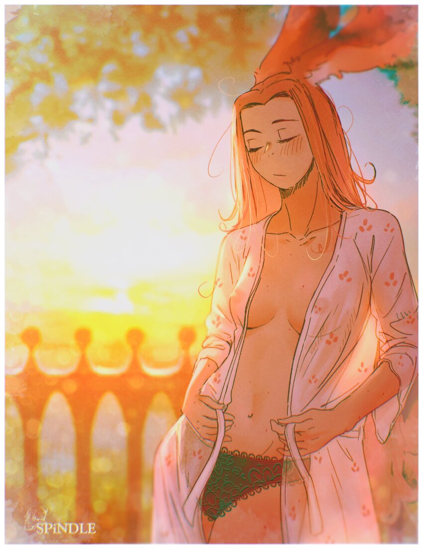 1girl :/ absurdres adjusting_clothes animal_ears artist_name blurry blurry_background blush body_freckles breasts closed_eyes closed_mouth collarbone commentary covered_erect_nipples cowboy_shot dawn depth_of_field english_commentary felt_(spindle_(aidenr0)) fence foliage freckles green_trim groin highres lace lace-trimmed_panties lace_panties lace_trim long_hair long_sleeves loose_hair_strand medium_breasts navel no_bra open_clothes open_robe original outdoors panties parted_bangs print_robe rabbit_ears rabbit_girl red_panties robe see-through_robe solo spindle_(aidenr0) standing sunrise tree underwear undressing white_robe