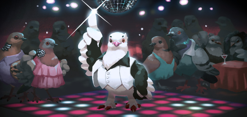 animal animal_focus arm_up bird black_eyes blue_dress bottomless buttons chenpn closed_mouth clothed_animal cocktail_glass collared_shirt cup dance_floor dancing disco disco_ball dress drink drinking_glass drinking_straw full_body fur_(clothing) glint green_shirt hand_on_own_hip hand_on_own_chin hand_up heterochromia index_finger_raised no_humans open_clothes open_vest orange_eyes original pigeon pink_dress purple_shirt red_eyes saturday_night_fever shirt sleeveless sleeveless_dress sleeveless_shirt solo_focus standing stroking_own_chin table vest white_shirt white_vest wings