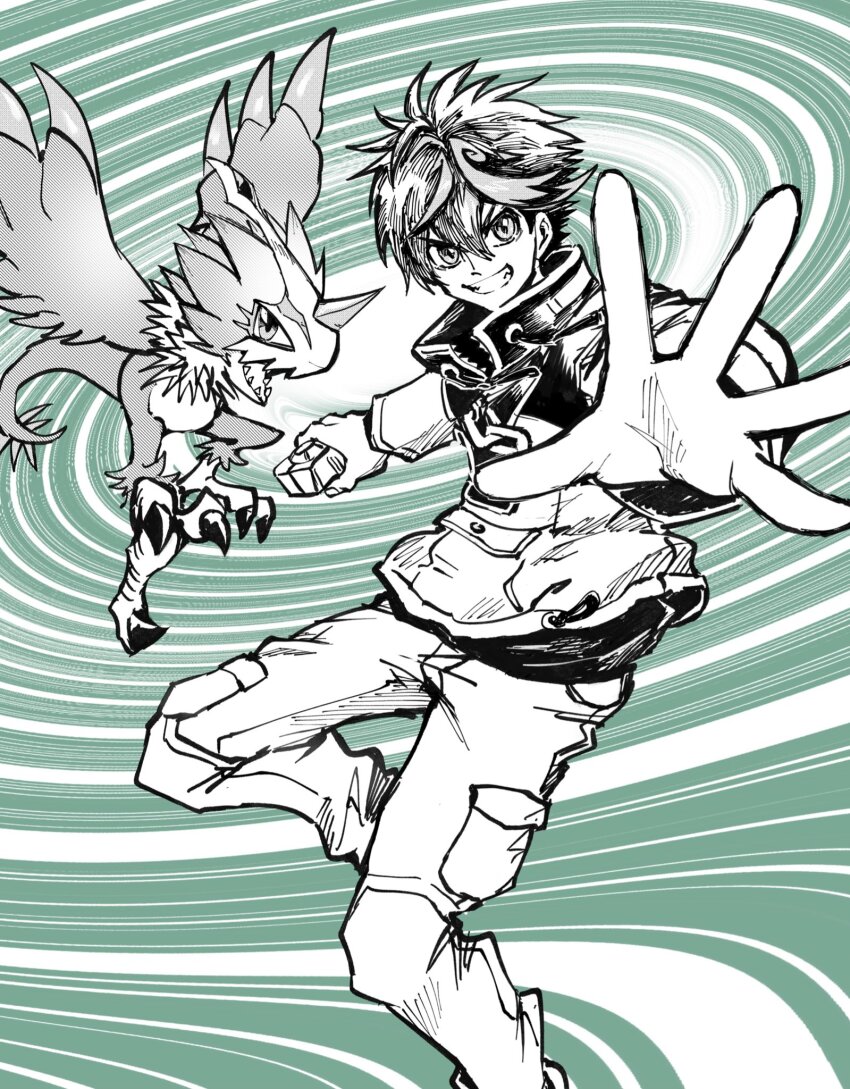 1boy beak bird d-storage digimon digimon_(creature) digimon_card_game digimon_liberator green_background green_theme highres horns kazama_shoto male_focus partially_colored pteromon shining_neko short_hair single_horn smirk talons white_background