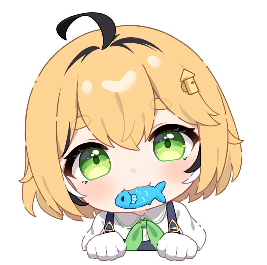 1girl :3 ahoge black_hair blonde_hair blue_overalls chibi chibi_only commentary dooby_(vtuber) english_commentary fish_in_mouth food_in_mouth gloves green_eyes green_ribbon highres hitsukuya indie_virtual_youtuber looking_at_viewer medium_hair multicolored_hair overalls ribbon sameko_saba shirt simple_background smile solo thick_eyebrows white_background white_gloves white_shirt