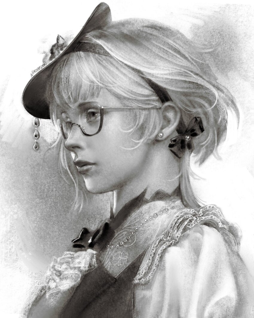 1girl artist_name ascot blunt_bangs bow bowtie closed_mouth commentary dress earrings emilie_(genshin_impact) english_commentary frilled_dress frills genshin_impact glasses grey_background hair_ribbon hat highres jewelry lips looking_to_the_side monochrome necklace nikolas_(nikolardon) pearl_necklace portrait realistic ribbon semi-rimless_eyewear short_hair solo unfinished
