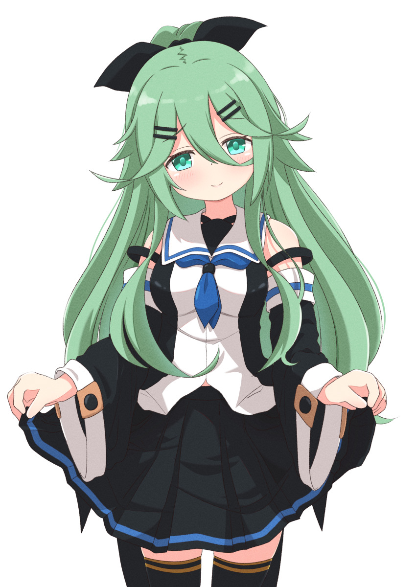 1girl absurdres black_ribbon black_serafuku blue_eyes blue_neckerchief blush breasts cowboy_shot detached_sleeves green_eyes green_hair hair_between_eyes hair_flaps hair_ornament hair_ribbon hairclip highres kantai_collection kokamori long_hair looking_at_viewer neckerchief ponytail ribbon school_uniform serafuku solo thighhighs white_background yamakaze_(kancolle)
