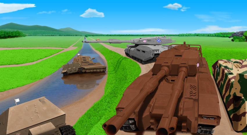 caterpillar_tracks commentary_request day emblem flag flag_on_vehicle forest girls_und_panzer grass gundam guntank highres jagdpanther kuromorimine_(emblem) maus_(tank) military military_vehicle mobile_suit_gundam motor_vehicle mountain nature no_humans ooarai_(emblem) river tank tiger_ii tree type_61_(gundam) vehicle_focus water white_flag wwwww_(sswwwww)