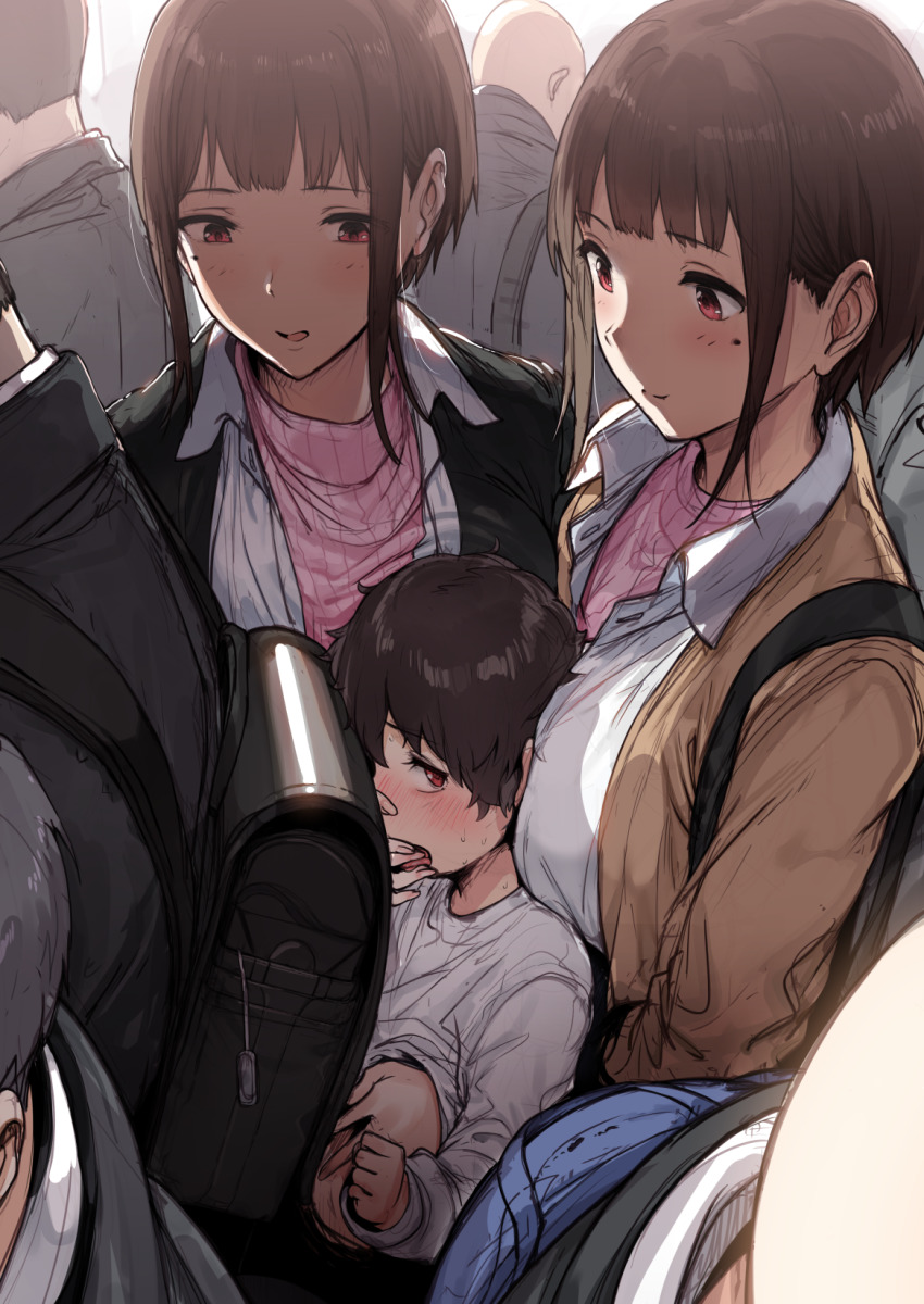1boy 2girls age_difference assertive_female black_coat blush brown_coat brown_hair chijo chikan child coat collared_shirt commentary english_commentary finger_in_another&#039;s_mouth girl_sandwich groping hews highres indoors long_sleeves mole mole_under_eye molestation multiple_boys multiple_girls onee-shota open_mouth original pink_sweater public_indecency red_eyes ribbed_sweater sandwiched shirt short_hair short_hair_with_long_locks smile standing sweat sweater tongue twintails white_shirt