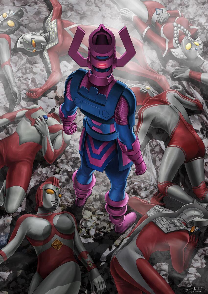2girls 6+boys alien armor artist_name belt_buckle blue_armor boots buckle color_timer colored_skin commentary dated davidchin62 english_commentary eye_slugger forehead_jewel from_above galactus gem gloves green_gemstone helmet highres jewelry kaette_kita_ultraman lying male_focus marvel multicolored_skin multiple_boys multiple_girls necklace no_pupils on_back on_ground pearl_necklace purple_armor purple_boots purple_gloves purple_helmet red_armor red_skin rock shoulder_armor signature silver_skin standing tokusatsu ultra_series ultraman ultraman:_the_adventure_begins ultraman_(1st_series) ultraman_80_(series) ultraman_ace ultraman_ace_(series) ultraman_jack ultraman_tarou ultraman_tarou_(series) ultraseven ultraseven_(series) ultrawoman_beth unconscious vambraces yellow_eyes yullian