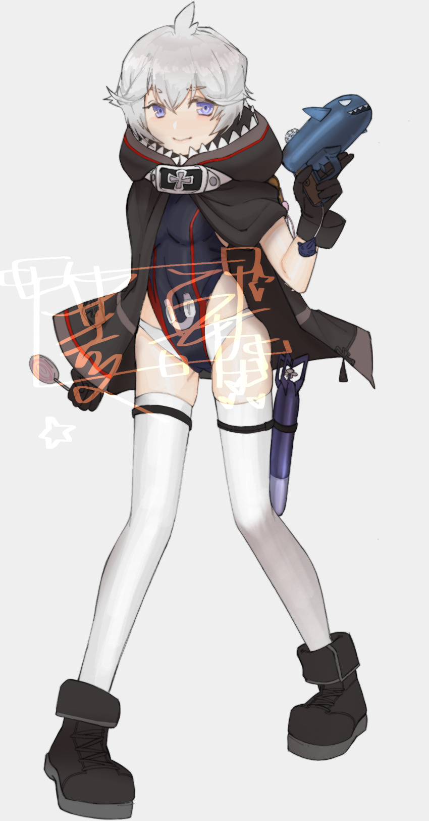 1girl ahoge animal_hood azur_lane black_boots black_gloves black_one-piece_swimsuit blue_eyes blue_hair boots candy closed_mouth cross food full_body gloves grey_background gun handgun highres holding holding_food holding_gun holding_weapon hood iron_cross ligd120712 lollipop looking_at_viewer one-piece_swimsuit shark_hood short_hair simple_background smile solo standing swimsuit swirl_lollipop thighhighs torpedo u-110_(azur_lane) watermark weapon white_hair white_thighhighs