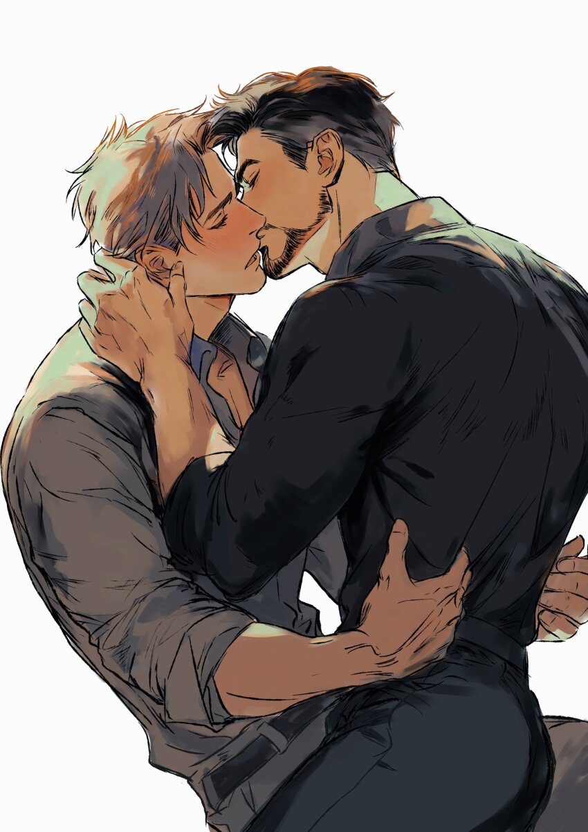 2boys avengers_(series) belt black_belt black_hair black_pants black_shirt blonde_hair blush closed_eyes collared_shirt commentary english_commentary facial_hair from_behind grey_pants grey_shirt highres imminent_kiss long_sleeves male_focus malkogromit marvel multiple_boys open_mouth pants shirt short_hair simple_background sitting steve_rogers tony_stark white_background yaoi