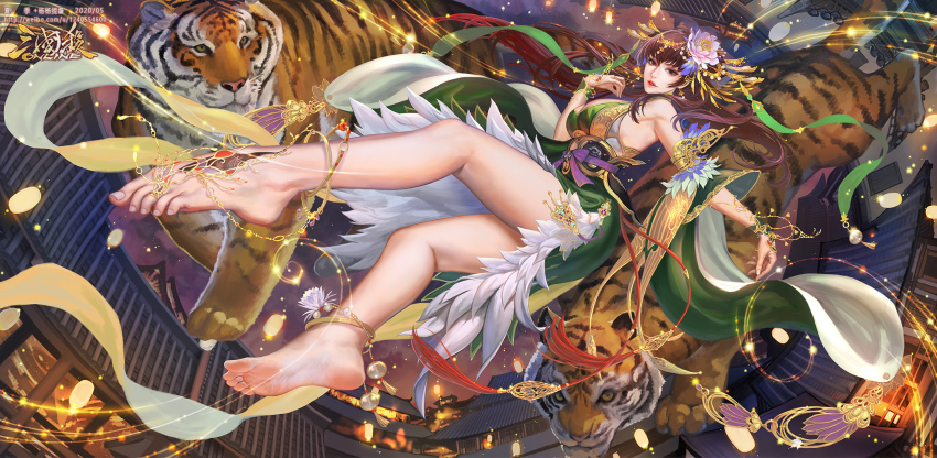 1girl anklet architecture armlet bare_legs barefoot barefoot_sandals_(jewelry) bracelet brown_hair detached_sleeves dress east_asian_architecture feet flower gold green_dress hair_flower hair_ornament highres jewelry legs long_hair official_art original ribbon soles tiger toe_ring toes xiaji
