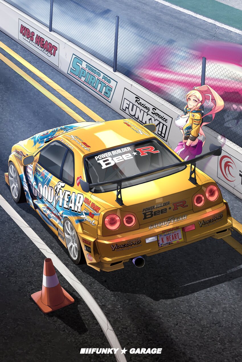 1girl absurdres ass black_panties breasts butt_crack chain-link_fence commentary d1_grand_prix drifting fence from_above funkygarage gloves goodyear grey_gloves highres jacket japanese_flag jumpsuit jumpsuit_around_waist looking_at_viewer manami_(funkygarage) medium_breasts motion_blur nissan nissan_skyline nissan_skyline_gt-r nissan_skyline_r34 original panties parted_lips pink_eyes ponytail purple_jumpsuit smile smoke sports_bra symbol-only_commentary underwear vehicle_focus white_sports_bra yellow_jacket