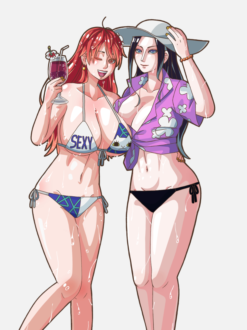 2girls artist_request bikini black_hair blue_eyes breasts cleavage drinking_straw feet_out_of_frame hat highres huge_breasts large_breasts long_hair looking_at_viewer midriff multiple_girls nami_(one_piece) navel nico_robin one_eye_closed one_piece one_piece_film:_gold swimsuit wet white_background white_hat yellow_nails