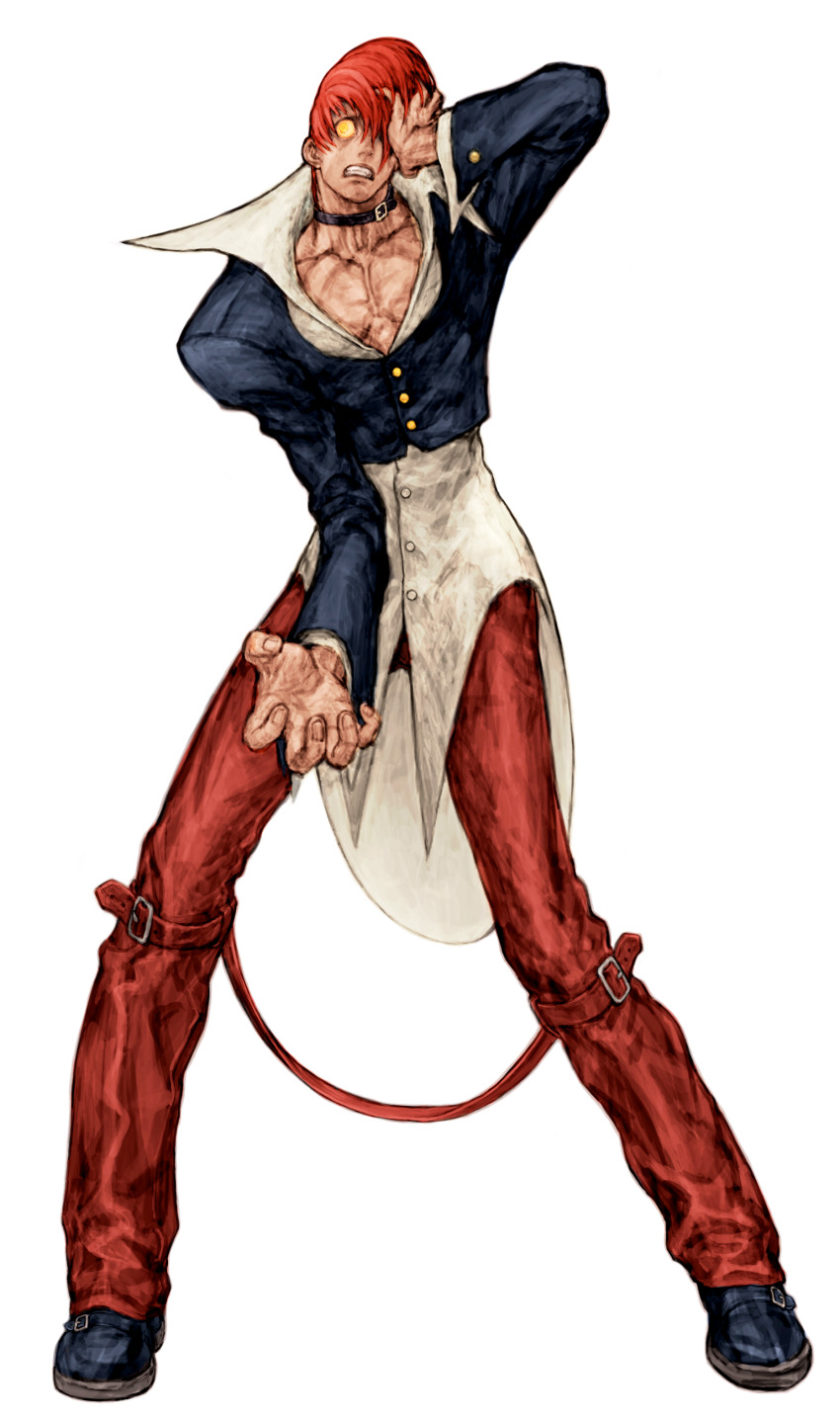 1boy absurdres capcom_vs_snk choker clenched_teeth crazy_eyes game_cg hair_over_one_eye hand_on_own_head highres hunched_over jacket long_hair long_sleeves male_focus nishimura_kinu non-web_source official_art open_mouth orochi_iori outstretched_hand pants possessed red_hair red_pants shirt simple_background solo teeth the_king_of_fighters unbuttoned_sleeves upturned_eyes white_background yagami_iori yellow_eyes