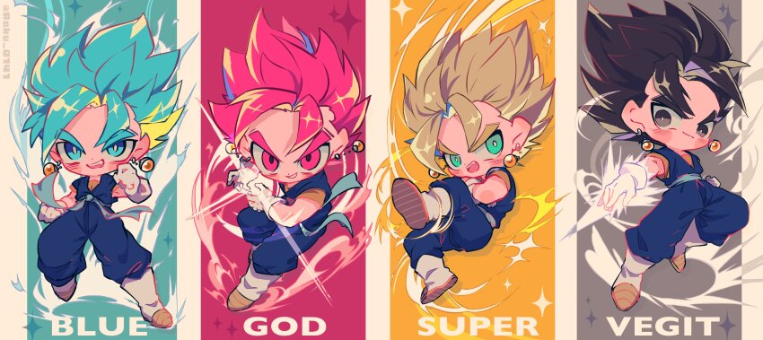 absurdres aura black_eyes black_hair blonde_hair blue_eyes blue_hair boots chibi column_lineup commentary_request dragon_ball dragon_ball_super dragonball_z earrings english_text fighting_stance gloves green_eyes highres jewelry kamehameha_(dragon_ball) open_mouth potara_earrings red_eyes red_hair roku_(roku_0141) smile super_saiyan super_saiyan_1 super_saiyan_blue super_saiyan_god v-shaped_eyebrows vegetto white_footwear white_gloves
