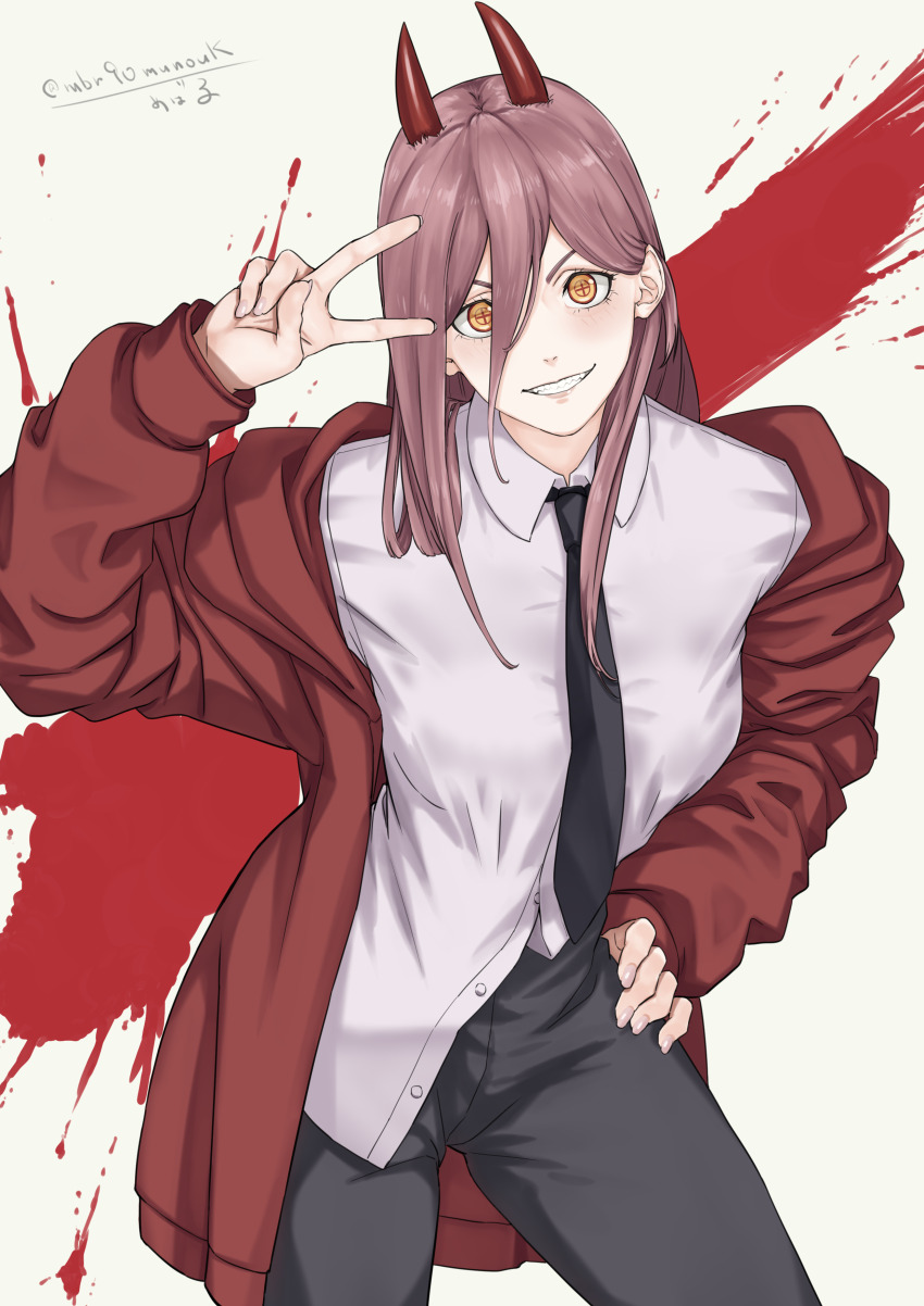 1girl absurdres black_necktie black_pants blood blood_splatter blush breasts chainsaw_man clenched_teeth collared_shirt commentary demon_horns feet_out_of_frame hair_between_eyes hand_on_own_hip hand_up highres horns jacket leaning_forward long_hair long_sleeves looking_at_viewer maburoku medium_breasts necktie off_shoulder open_clothes open_jacket pants parted_bangs partially_unbuttoned pink_hair power_(chainsaw_man) red_jacket sharp_teeth shirt sidelocks signature solo standing symbol-shaped_pupils tan_background teeth twitter_username v v-shaped_eyebrows white_shirt