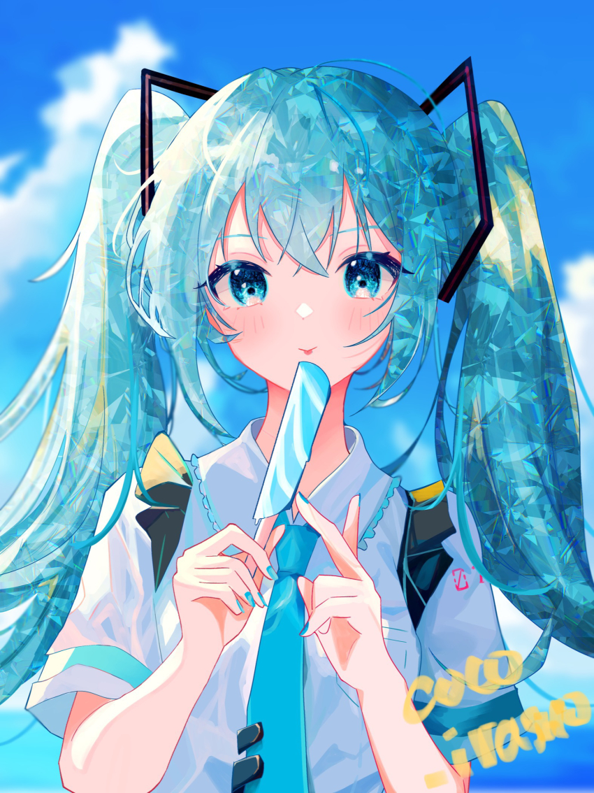 1girl aqua_eyes aqua_hair aqua_nails aqua_necktie artist_name blonde_hair blurry blurry_background breast_pocket cloud coco_irasuto collared_shirt crossed_bangs dot_nose food frills gradient_hair hair_ornament hatsune_miku highres looking_at_viewer multicolored_hair necktie outdoors pocket popsicle shirt short_sleeves sky solo tongue tongue_out twintails upper_body vocaloid white_shirt