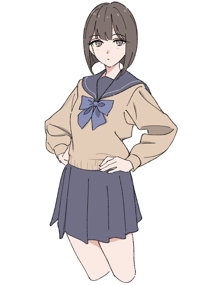 1girl blue_bow blue_sailor_collar blue_skirt bow breasts brown_hair closed_mouth cropped_legs grey_eyes hair_between_eyes hands_on_own_hips highres kashiwa_(iersansi) long_sleeves looking_at_viewer original pleated_skirt sailor_collar shirt short_hair simple_background skirt solo white_background