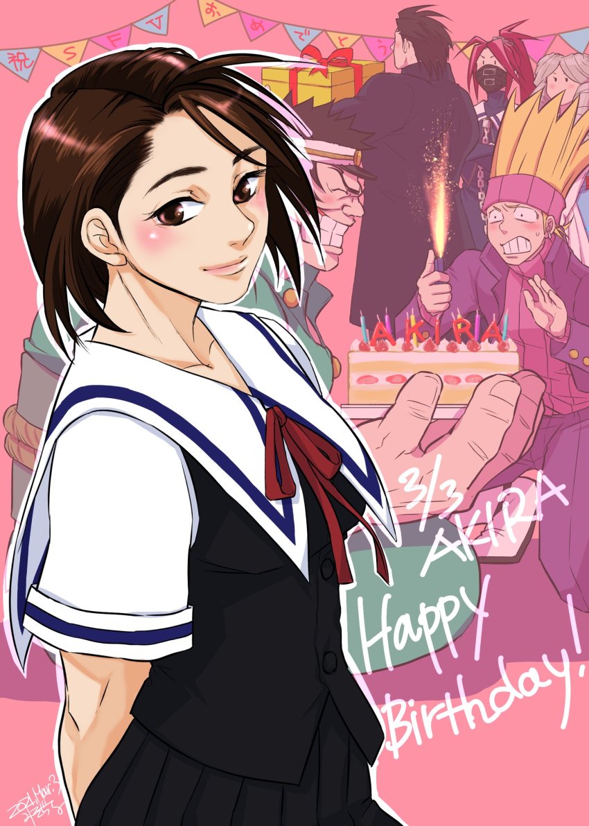 3boys 3girls birthday_cake black_hair blonde_hair blush brown_hair cake candle chain commentary_request dated food gakuran gift grin happy_birthday highres himezaki_aoi isurugi_gan justice_gakuen kazama_akira kazama_daigo kirishima_yurika light_brown_hair lighter long_hair mask misodiru moero!_justice_gakuen mouth_mask multiple_boys multiple_girls panicking pink_hair ponytail school_uniform seijyun_jogakuen_uniform short_hair signature smile street_fighter street_fighter_v turtleneck yamada_eiji