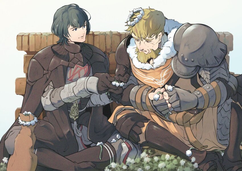 2boys armor beard black_cape black_gloves blonde_hair male_byleth_(fire_emblem) cape cat closed_mouth commentary_request facial_hair father_and_son fire_emblem fire_emblem:_three_houses flower gauntlets gloves greaves green_eyes green_hair head_wreath jeralt_reus_eisner male_focus multiple_boys nintendo shoulder_armor simple_background sitting un_faro white_background white_flower