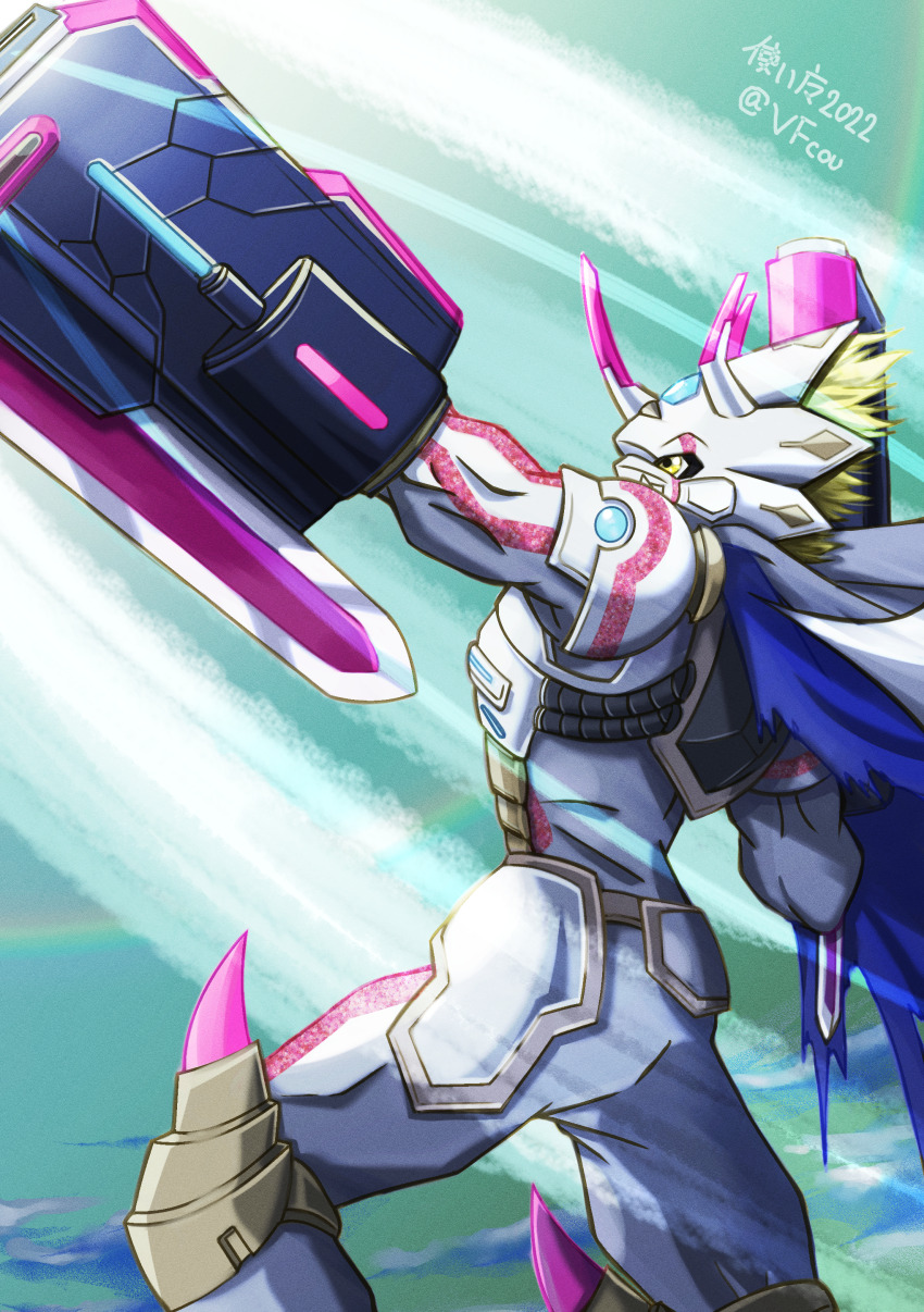 1boy absurdres aiming_up arm_blade arm_cannon arm_up armor blonde_hair digimon digimon_ghost_game dragon from_side highres horns male_focus short_hair siriusmon solo tsukaima_(vfcou) twitter_username weapon white_armor yellow_eyes