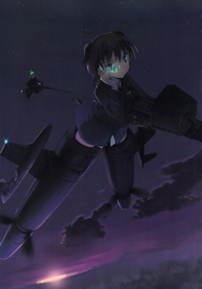 2girls absurdres brown_eyes brown_hair dusk flying gun heinrike_prinzessin_zu_sayn-wittgenstein highres hirschgeweih_antennas jennifer_j_deblanc machine_gun military military_uniform multiple_girls noble_witches non-web_source official_art shimada_fumikane short_hair star_(sky) striker_unit tail weapon world_witches_series