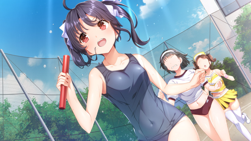 3girls ahoge black_hair breasts buruma cheerleader collarbone covered_navel crop_top day fence game_cg girls_frantic_clan gym_uniform hat headband highres holding_baton multiple_girls navel no_eyes non-web_source official_art open_mouth pleated_skirt racing red_buruma red_eyes relay_baton relay_race ribbon running running_track school_swimsuit shikigi_kiki shirt skirt small_breasts smile sports_festival sunlight sweat swimsuit track_and_field twintails white_headband white_ribbon yaegashi_nan yellow_shirt yellow_skirt