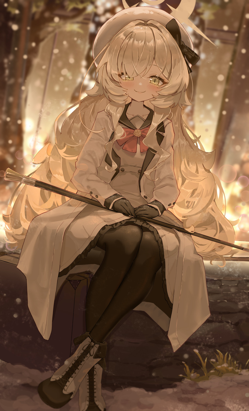 1girl absurdres black_gloves black_pantyhose black_ribbon blonde_hair blue_archive blush boots cane closed_mouth fluffy_hair gloves green_eyes hair_over_one_eye hair_ribbon hat highres holding holding_cane jacket long_hair looking_at_viewer nekoplanetouo pantyhose professor_niyaniya_(blue_archive) ribbon shirt sidelocks sitting skirt smile solo white_boots white_hat white_jacket white_shirt white_skirt