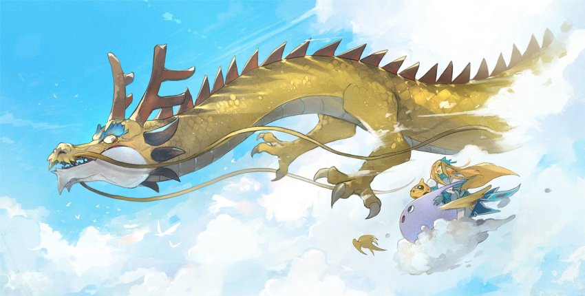 1girl above_clouds animal_focus antlers armor blonde_hair blue_bow blue_cape blue_sky bow cape claws cloud colored_eyelashes day dragon dragon_quest escalin_(hld_doreko) ethereal_serpent eye_contact flying from_side hair_bow happy highres horns linne_(hld_doreko) long_hair looking_at_another looking_back midair open_mouth outdoors profile riding sharp_teeth shoulder_armor sidelocks sideways_mouth sky slime_(creature) slime_(dragon_quest) smile spikes teeth waist_cape whiskers yellow_eyes