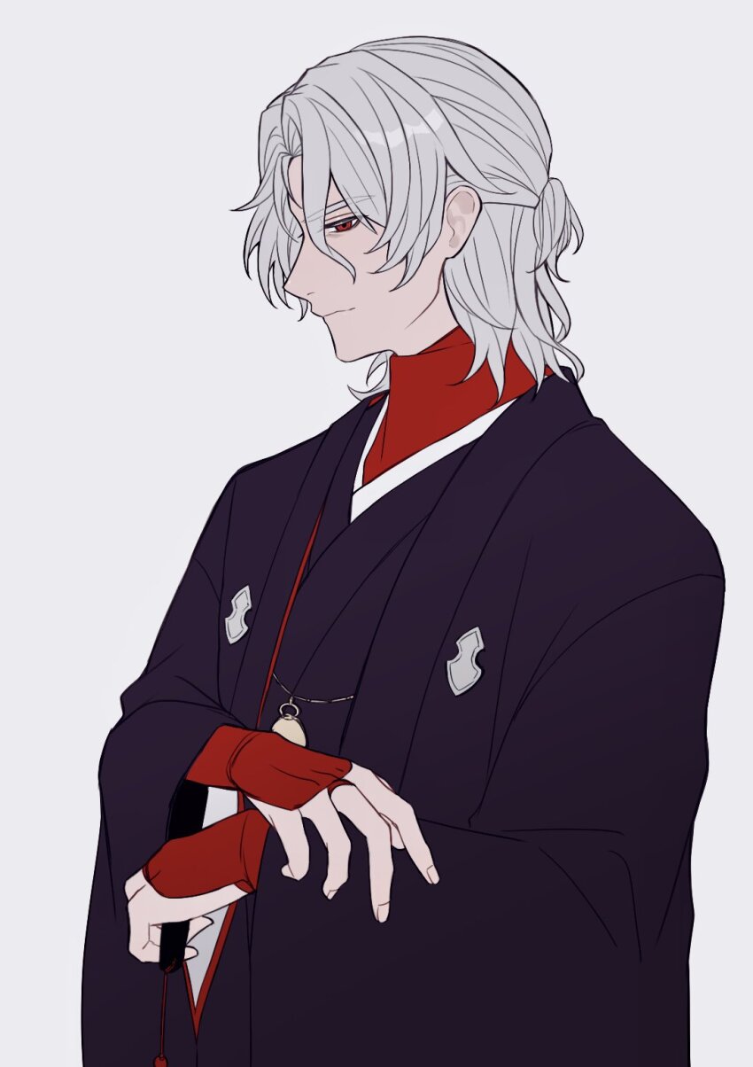 1boy antonio_salieri_(fate) antonio_salieri_(over_the_same_sky)_(fate) black_kimono bridal_gauntlets closed_mouth crossed_arms fate/grand_order fate_(series) folded_fan folding_fan from_side frown grey_hair hair_between_eyes half_updo hand_fan haori highres holding holding_fan japanese_clothes kimono long_sleeves looking_at_viewer looking_to_the_side male_focus medallion red_eyes red_shirt shirt simple_background solo sumi_(gfgf_045) turtleneck undershirt upper_body white_background wide_sleeves