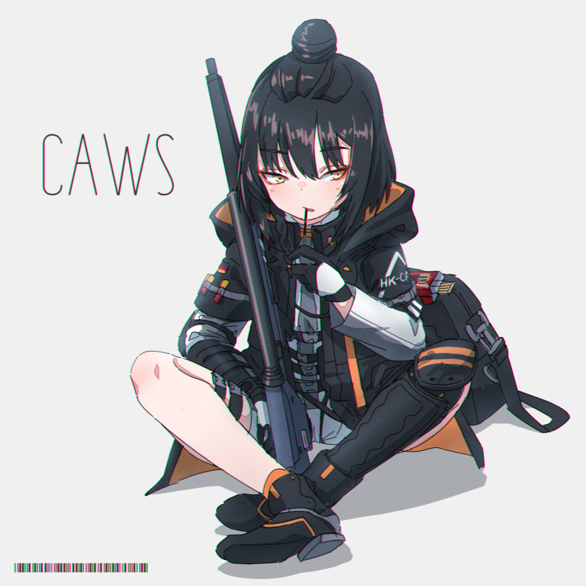 12-gauge_(3_inch_shell) 12-gauge_belted_winchester-olin_(18.5x76mmr) 1girl ammunition automatic_shotgun bag barcode belted_magnum black_bag black_boots black_hair boots braid bug bullpup butterfly candy caws_(girls&#039;_frontline) character_name chromatic_aberration coat expressionless eyeshadow food food_in_mouth full_body german_flag girls&#039;_frontline gloves grey_background grey_jumpsuit gun h&amp;k_caws hand_on_thigh hand_up heckler_&amp;_koch highres hood hood_down hooded_coat insect jumpsuit kuro_kosyou leg_armor load_bearing_equipment logo long_sleeves looking_at_viewer magnum_cartridge magnum_shotgun_shell makeup medium_hair needlegun olin_corporation open_clothes open_coat orange_socks parted_lips personification pocky prototype_design sabot shadow shin_guards shotgun shotgun_shell simple_background single_shin_guard sitting snack socks solo sub-caliber_ammunition thigh_strap topknot weapon winchester-olin winchester_repeating_arms_company yellow_eyes