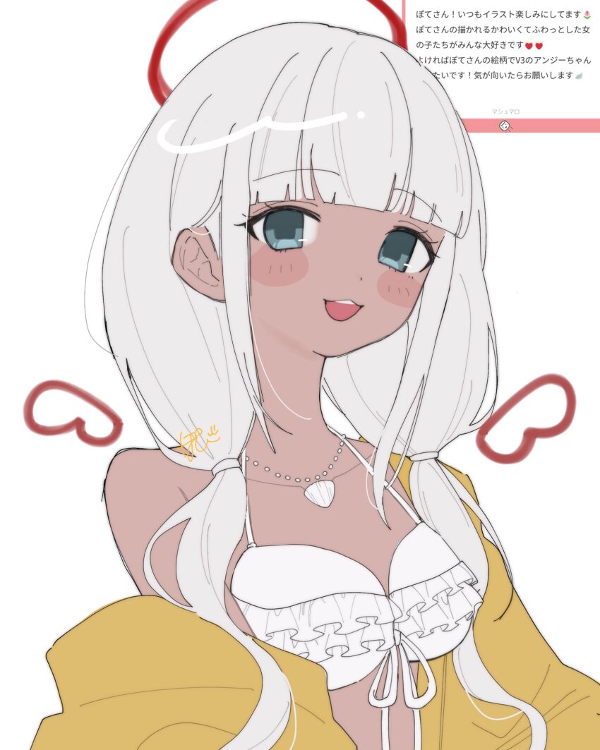 1girl :d bare_shoulders bikini blunt_bangs blush breasts collarbone danganronpa_(series) danganronpa_v3:_killing_harmony detached_wings fake_wings frilled_bikini frills green_eyes grey_hair halo highres jewelry long_hair necklace open_mouth pote_(pote_39) shell shell_necklace small_breasts smile solo swimsuit translation_request upper_body white_bikini wings yonaga_angie