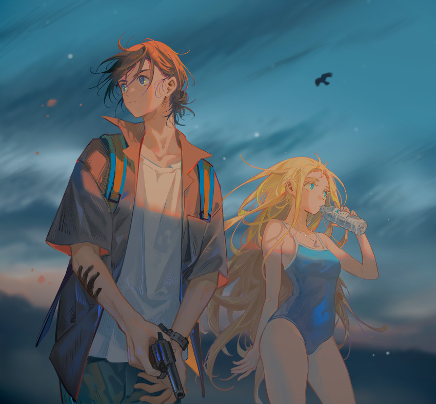 1boy 1girl ajiro_shinpei aqua_eyes backpack bag black_hair blonde_hair blue_hair blue_one-piece_swimsuit bottle closed_mouth collared_shirt gun hair_down handgun heterochromia highres holding holding_bottle holding_gun holding_weapon kofune_ushio long_hair one-piece_swimsuit shirt short_hair spoilers summertime_render swimsuit tidsean very_long_hair watch water_bottle weapon white_shirt wristwatch