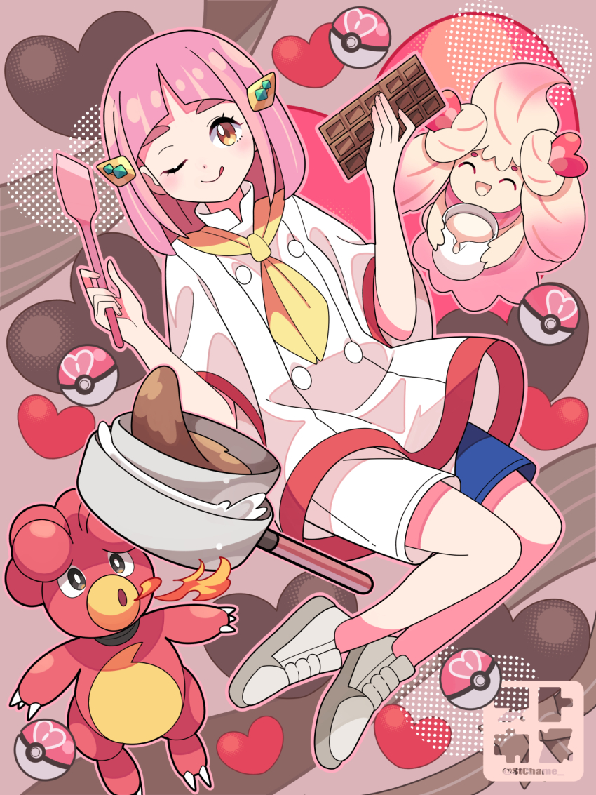 1girl ;q alcremie arched_bangs ascot buttons candy chocolate chocolate_bar closed_mouth cosplay crispin_(pokemon) crispin_(pokemon)_(cosplay) eyelashes fire food gen_2_pokemon gen_8_pokemon heart highres holding jacket lacey_(pokemon) looking_at_viewer love_ball magby nintendo one_eye_closed pink_hair poke_ball pokemon pokemon_(creature) pokemon_sv shoes short_sleeves shorts smile stchame tongue tongue_out white_jacket white_shorts yellow_ascot yellow_eyes