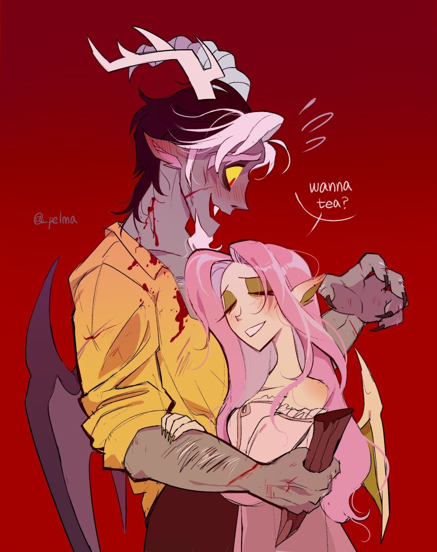 1boy 1girl absurdres arm_hair asymmetrical_horns bat_wings beard blood blood_on_clothes blood_on_face blush closed_eyes colored_sclera colored_skin discord_(my_little_pony) ear_blush eyeshadow facial_hair fangs flutterbat fluttershy flying_sweatdrops hetero highres holding horns long_hair makeup mismatched_horns multicolored_hair my_little_pony my_little_pony:_friendship_is_magic off_shoulder open_mouth pelma pink_hair pointy_ears red_background shirt sleeves_rolled_up smile stake streaked_hair vampire very_long_hair wings yellow_sclera yellow_shirt yellow_skin