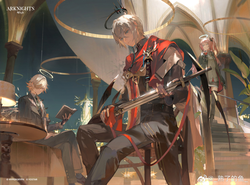 1girl 2boys alcohol ambriel_(arknights) arknights armchair belt black_belt black_bow black_coat black_footwear black_gloves black_halo black_jacket black_pants black_skirt blazer blue_eyes blue_necktie blue_socks book boots bow buttons capelet chair cleaning cleaning_weapon closed_mouth coat collared_jacket collared_shirt copyright_name copyright_notice cross-laced_footwear crossed_legs cup drink drinking_glass enforcer_(arknights) executor_(arknights) executor_the_ex_foedere_(arknights) expressionless feet_out_of_frame fingerless_gloves formal_clothes full_body gloves grey_capelet grey_jacket grey_shirt grey_suit grey_thighhighs gun hair_between_eyes hair_bow hair_over_one_eye halo handkerchief high_collar highres holding holding_book holding_cup holding_drink holding_gun holding_handkerchief holding_weapon indoors jacket knee_boots lamp lapels layered_sleeves logo long_sleeves medal miniskirt multiple_boys musket necktie night notched_lapels official_art on_chair one_side_up open_book open_clothes open_coat pants pink_hair plant potted_plant purple_eyes reading red_coat red_scarf scarf shirt shoes short_hair shule_de_yu sitting skirt sleeves_past_wrists socks spiral_staircase stairs standing suit thighhighs traditional_halo two-sided_coat two-sided_fabric weapon white_hair white_shirt wine wine_glass yellow_halo