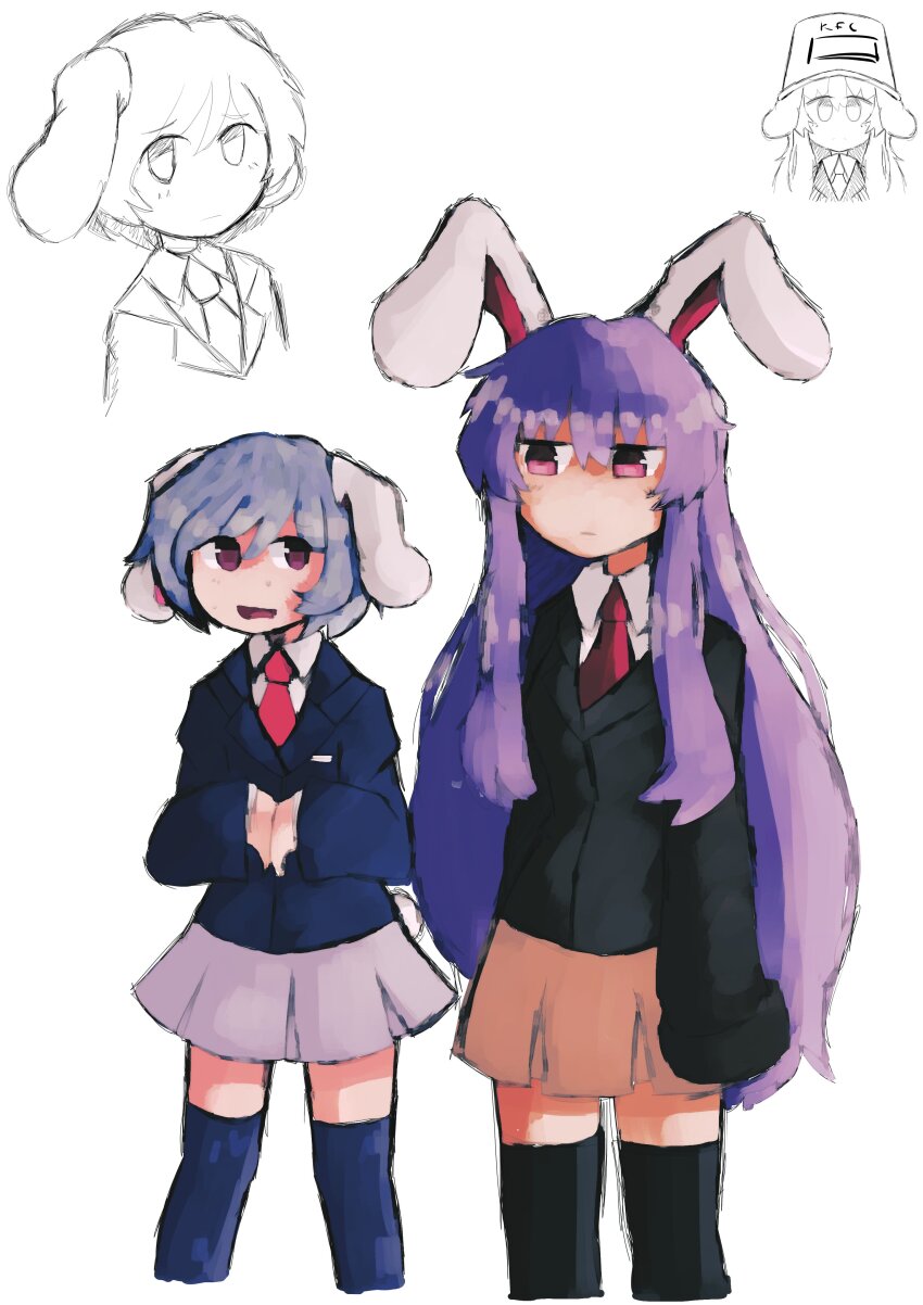 2girls absurdres animal_ears bad_id bad_twitter_id black_jacket black_thighhighs commentary english_commentary highres iesonatana inactive_account jacket long_hair looking_at_another miniskirt multiple_girls multiple_views name_connection necktie pink_eyes purple_hair rabbit_ears rabbit_girl red_necktie reisen_(touhou_bougetsushou) reisen_udongein_inaba short_hair silent_sinner_in_blue simple_background skirt standing thighhighs touhou touhou_bougetsushou very_long_hair white_background