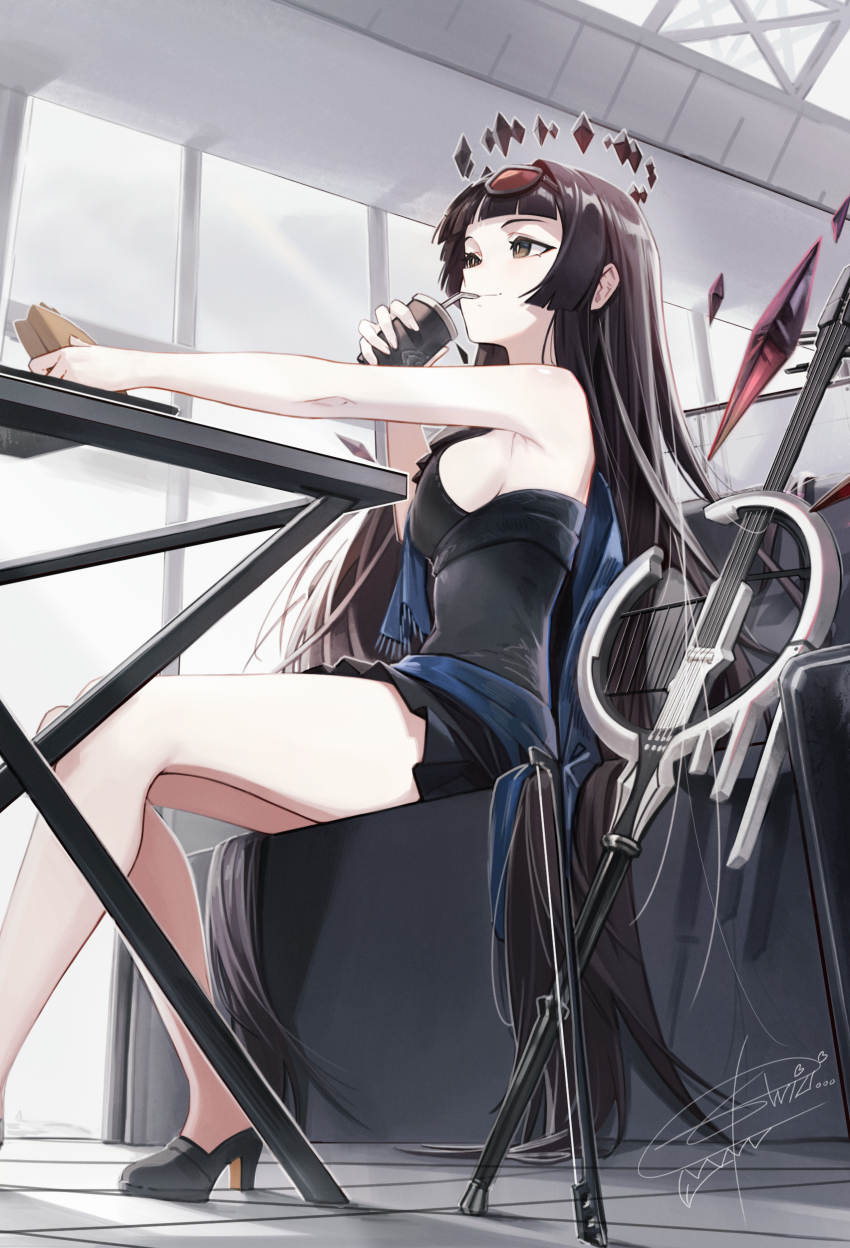 1girl absurdres angel anizi arknights black_dress black_eyes black_hair black_halo black_wings breasts cello commentary_request detached_wings dress drinking eyewear_on_head halo highres hime_cut indoors instrument long_hair medium_breasts sideboob signature sitting solo sunglasses very_long_hair virtuosa_(arknights) wings