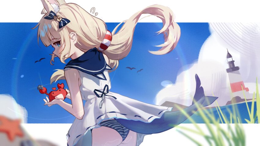 1girl ? ahoge animal_ears animal_hood bikini blonde_hair blue_bikini blue_bow blue_eyes blue_hair blue_sky bongk bow breasts cat_ears cat_hood cloud crab dress fins fish_girl fish_tail hair_bow highres hood hooded_dress indie_virtual_youtuber kaniki_(sameko_saba) lifebuoy_hair_ornament lighthouse long_hair looking_at_another low_twintails multicolored_hair one_side_up outdoors sameko_saba sky sleeveless sleeveless_dress small_breasts solo starfish streaked_hair striped_bikini striped_clothes swimsuit tail twintails very_long_hair virtual_youtuber white_dress