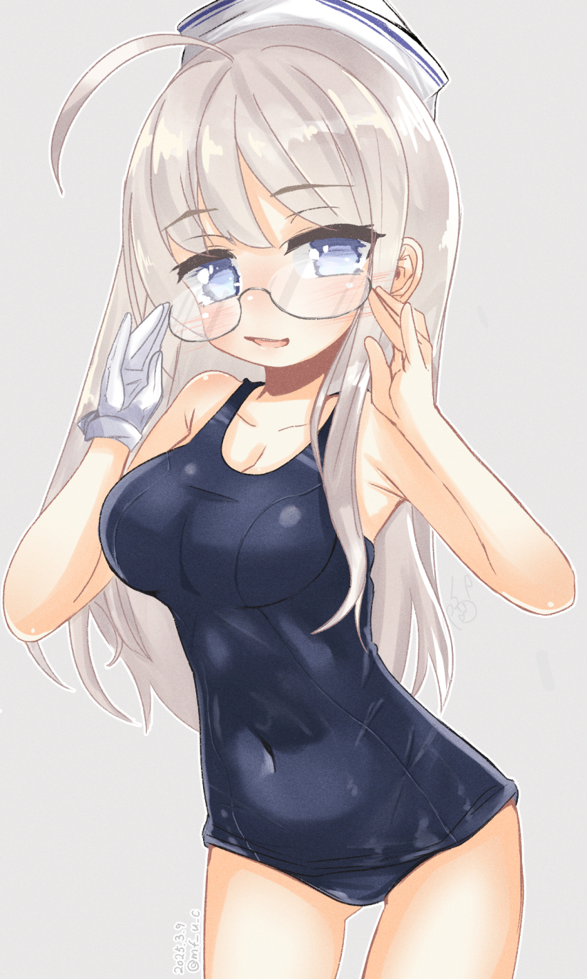 1girl ahoge black_one-piece_swimsuit blue_eyes breasts cowboy_shot dixie_cup_hat glasses gloves gluteal_fold grey_background grey_hair hat heywood_l._edwards_(kancolle) highres kantai_collection large_breasts long_hair mf_u_c military_hat old_school_swimsuit one-piece_swimsuit school_swimsuit simple_background single_glove solo standing swimsuit white_gloves