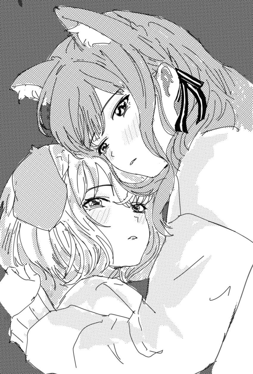 2girls animal_ears bang_dream! bang_dream!_it&#039;s_mygo!!!!! blush cat_ears dog_ears greyscale highres kemonomimi_mode long_sleeves looking_at_viewer misumi_uika monochrome multiple_girls parted_lips togawa_sakiko uikays yuri