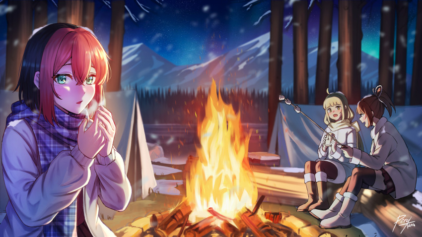 3girls ahoge aurora black_hair black_pantyhose blue_scarf blunt_bangs blush boots branch brown_footwear brown_hair campfire camping cardigan coat colored_bangs crossed_bangs food forest fur-trimmed_boots fur_trim green_eyes grey_eyes grey_hair hair_between_eyes highres holding holding_branch long_hair looking_at_viewer low_twintails marshmallow mocha_(osu!) mountain multiple_girls nature night nose_blush open_cardigan open_clothes open_mouth osu! outdoors pantyhose pink_hair pippi_(osu!) plaid_clothes plaid_scarf ponytail porukana roasting rope scarf second-party_source short_hair short_ponytail signature sitting tama_(osu!) tent twintails white_cardigan white_coat white_footwear yellow_scarf
