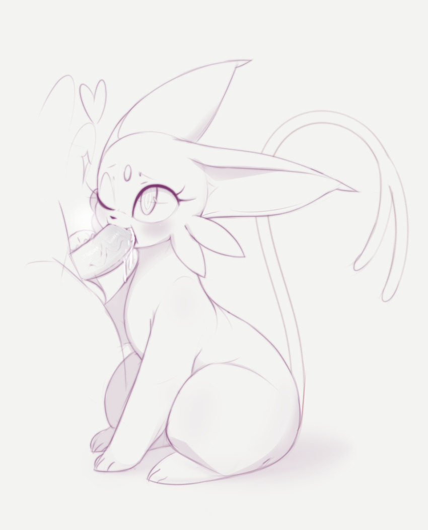 1boy animal_focus animal_sexualization bestiality blush cum cum_in_mouth erection espeon fang forehead_jewel forked_tail full_body gen_2_pokemon grey_background greyscale heart kekitopu looking_at_another looking_up monochrome nintendo one_eye_closed open_mouth penis pokemon pokemon_(creature) raised_eyebrows simple_background sitting sketch solo_focus sparkle tail testicles veins veiny_penis