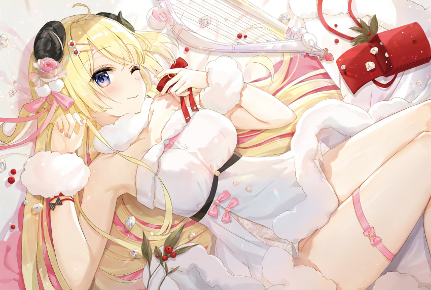 1girl ahoge armpits bare_shoulders blonde_hair breasts dress fingernails flower fur_trim fuumi_(radial_engine) hair_flower hair_ornament hairclip harp highres hololive horns instrument long_hair lying on_back one_eye_closed purple_eyes sheep_horns tsunomaki_watame tsunomaki_watame_(1st_costume) virtual_youtuber wool