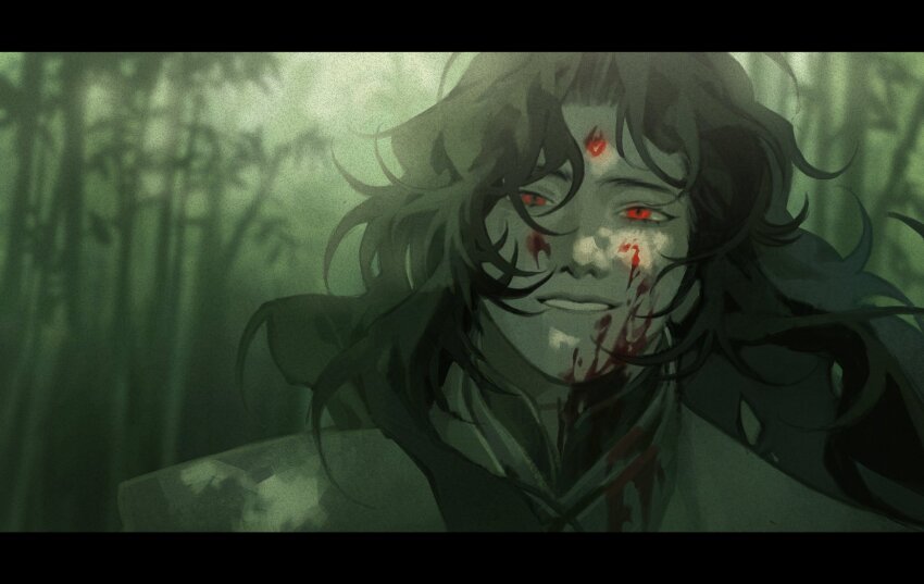 1boy bamboo bamboo_forest black_hair blood blood_on_clothes blood_on_face chinese_clothes forest hanfu highres korean_commentary letterboxed long_hair looking_at_viewer luo_binghe male_focus nature portrait red_eyes renzha_fanpai_zijiu_xitong smile solo sun_2g zuiyin