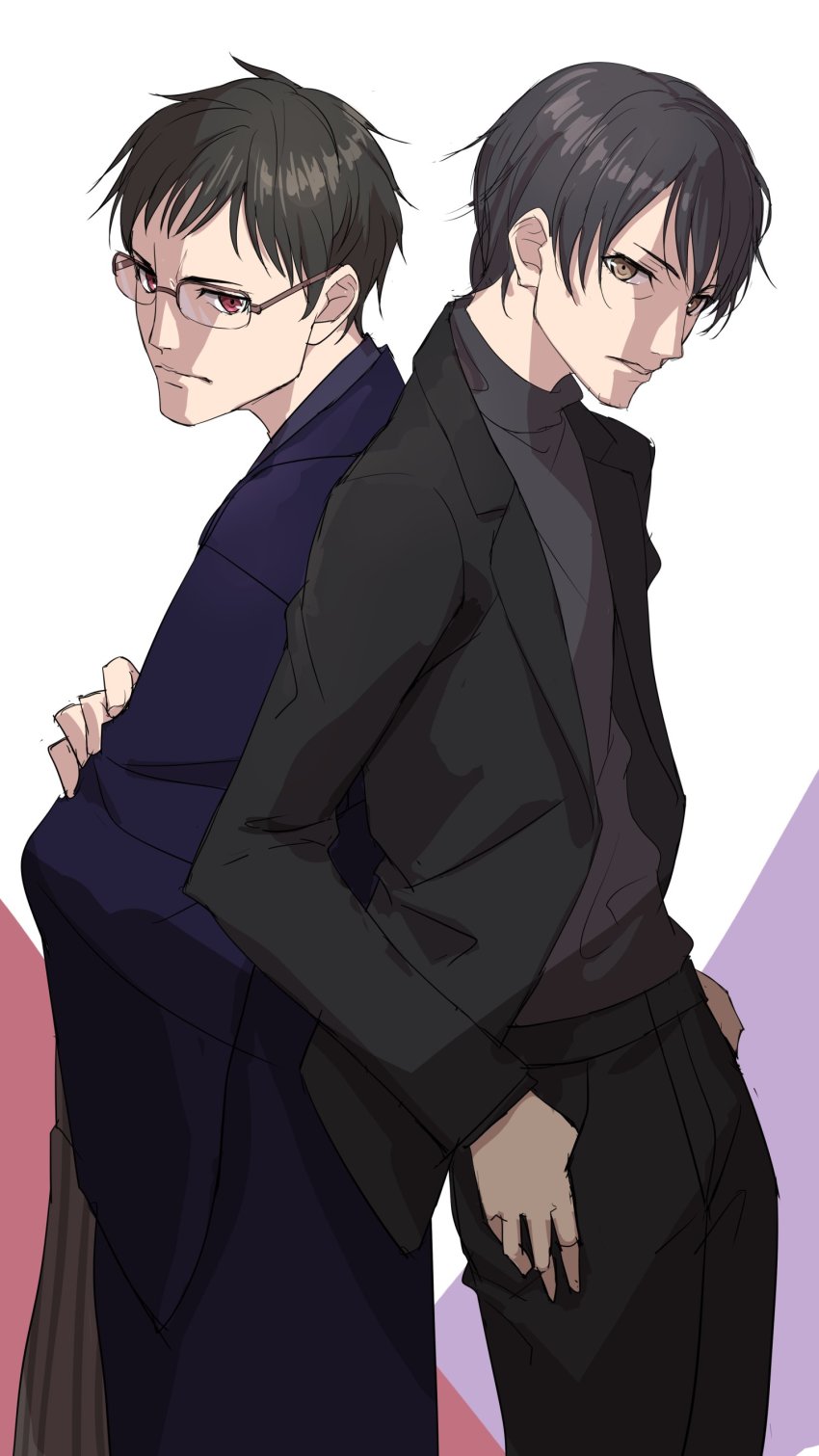 2boys absurdres back-to-back bang_dream! black_hair black_jacket black_pants black_sweater blue_kimono brown_eyes facial_hair feet_out_of_frame from_side glasses hakama hakama_skirt head_tilt highres jacket japanese_clothes kimono long_sleeves looking_at_viewer minato_yukina&#039;s_father mitake_ran&#039;s_father multicolored_background multiple_boys nobusawa_osamu open_clothes open_jacket over-rim_eyewear pants red_eyes semi-rimless_eyewear short_hair sketch skirt standing stubble sweater thumbs_in_pockets turtleneck turtleneck_sweater