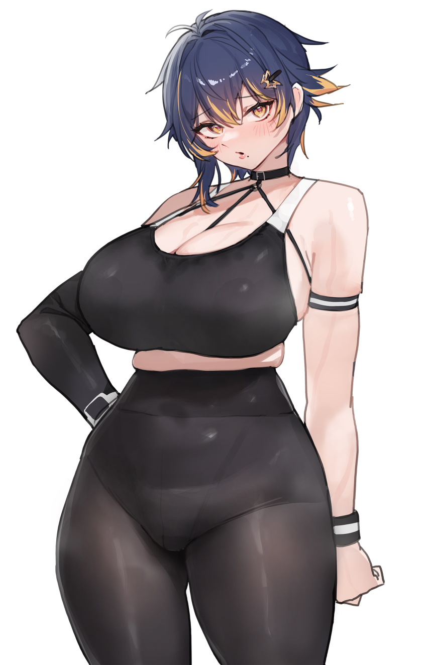 1girl absurdres arm_strap black_choker black_gloves black_pants black_sports_bra blonde_hair blue_hair breasts cameltoe choker cleavage cowboy_shot elbow_gloves gloves highleg highleg_panties highres huge_breasts large_breasts last_origin multicolored_hair panties panties_under_yoga_pants pants short_hair single_glove smartwatch smile solo sports_bra sterling_(last_origin) sweatband tunamayo_(dsasd751) two-tone_hair underwear watch wristband wristwatch yoga_pants