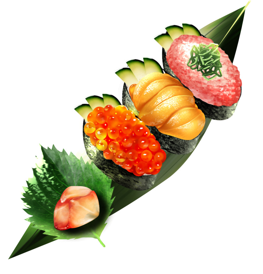 commentary_request cucumber cucumber_slice food food_focus gunkanmaki highres leaf no_humans nori_(seaweed) original realistic short208 simple_background sushi transparent_background